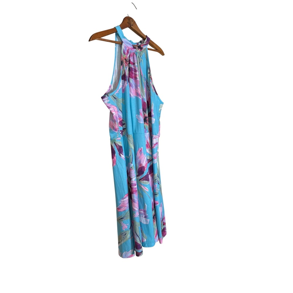 Floral Halter Neck Fit and Flare Dress Turquoise Blue Purple Sleeveless 2XL - Picture 3 of 7